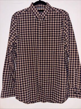 Nordstrom Navy and Tan Plaid Long-Sleeve Button-Down Shirt